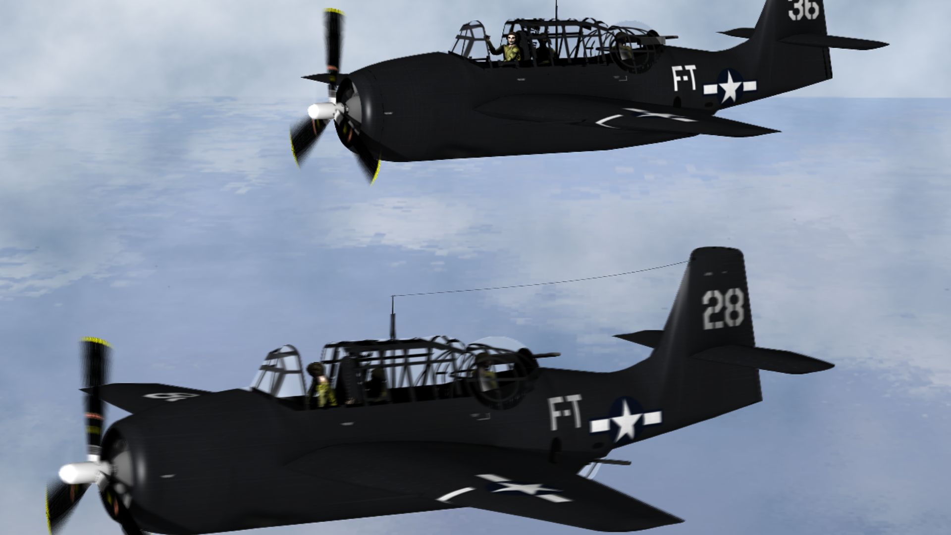 Flight 19 Avengers, FT-28, FT-36, FT-81, FT-3, FT-117 and at the top PBM-5 Bu. Nu. 59225 (squadron number 49) this is a homage to the ubiquitous wartime image of five TBFs circa 1942-43 here: however I changed the angle and lighting a tad so that the squadron number of each plane could be seen. (If you look at the BW pic, the TBFs tails are in shadow while their wings are in the light.)