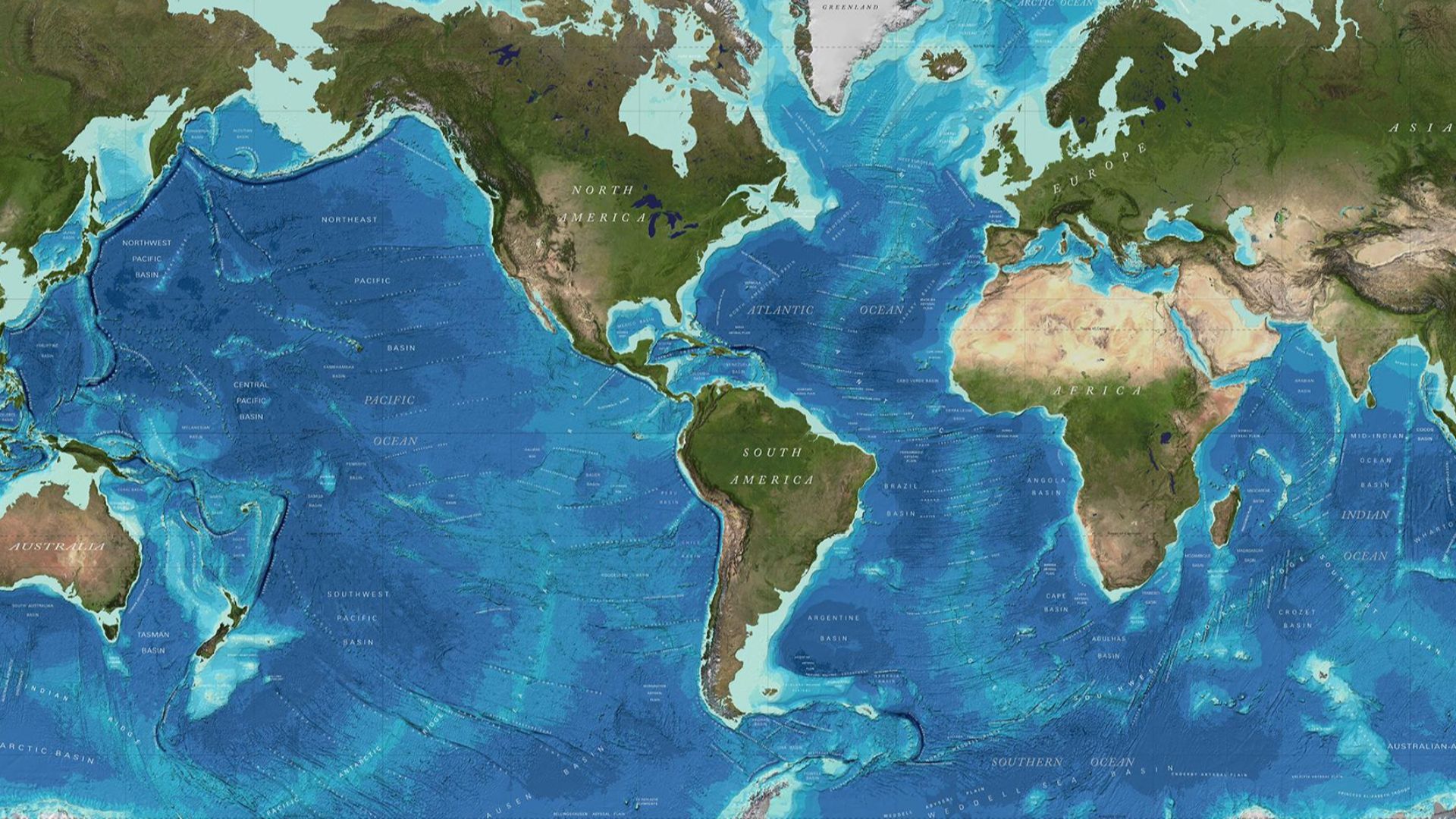 World map of bathymetric data - GEBCO 2014