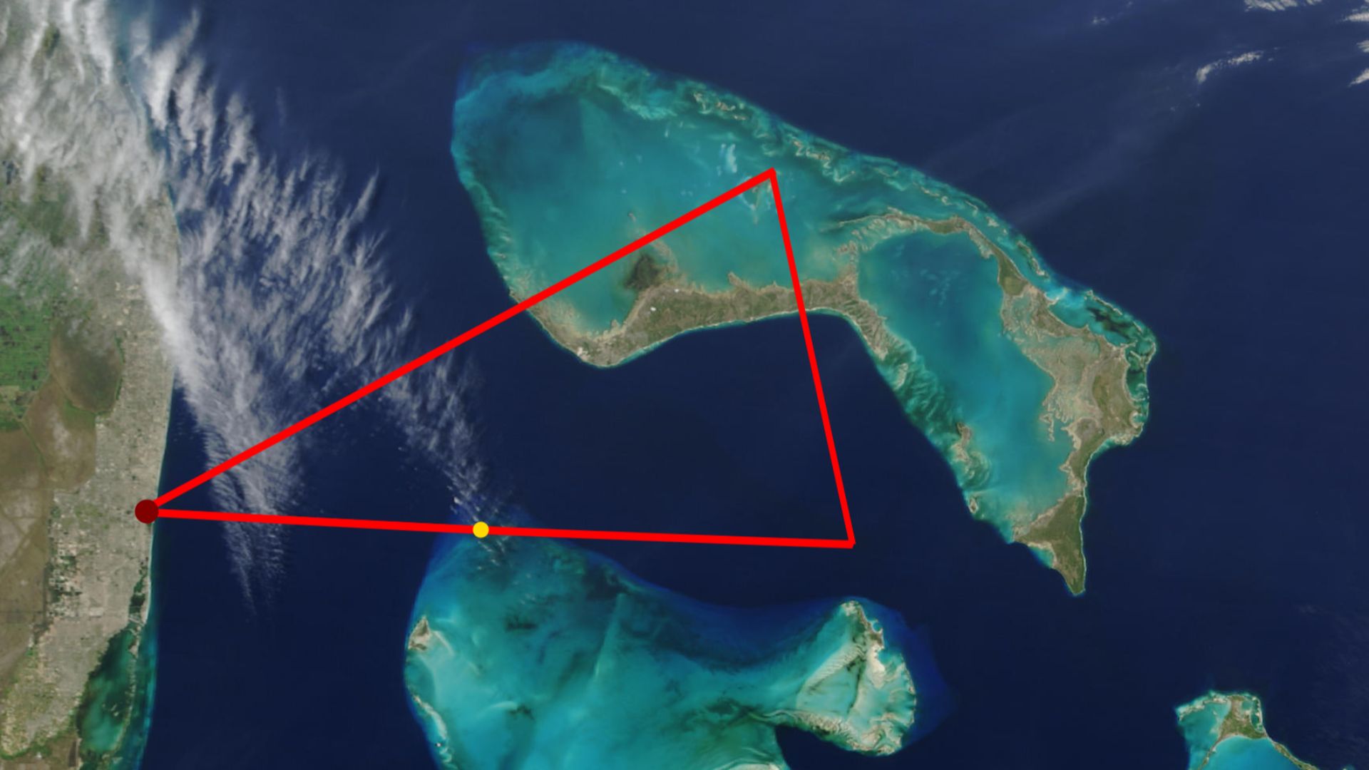 Satellite image map of Flight 19, that disappeared at 1945.