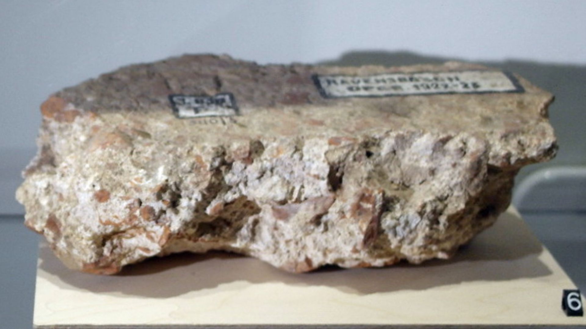 Fragment of waterproof concrete (opus caementicium), excavated at the Roman Villa Valkenburg-Ravensbosch, now in the archaeological collection of the Limburgs Museum in Venlo, the Netherlands.