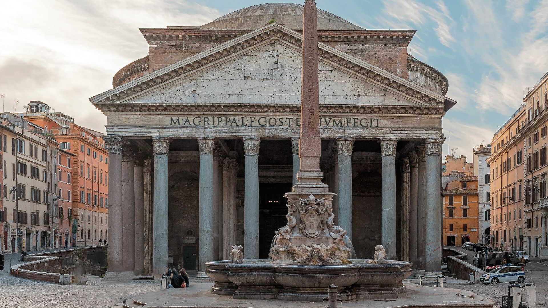 Pantheon in Rome (Italy) - Front view with the Piazza della Rotonda and the Fontana della Rotonda in front of it.
