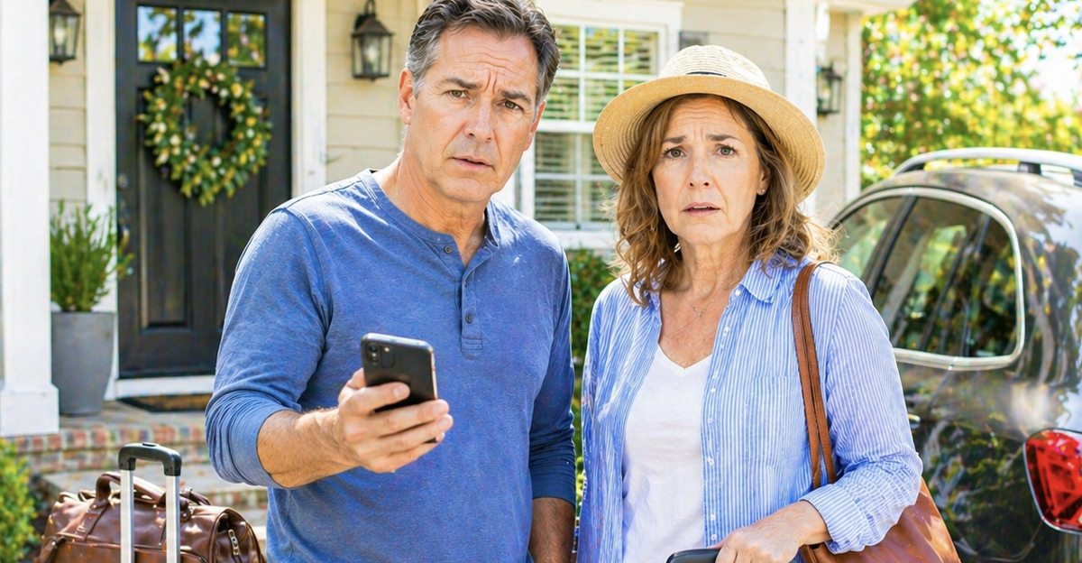 AI-generated image of a couple worried about a hotel scam call. 