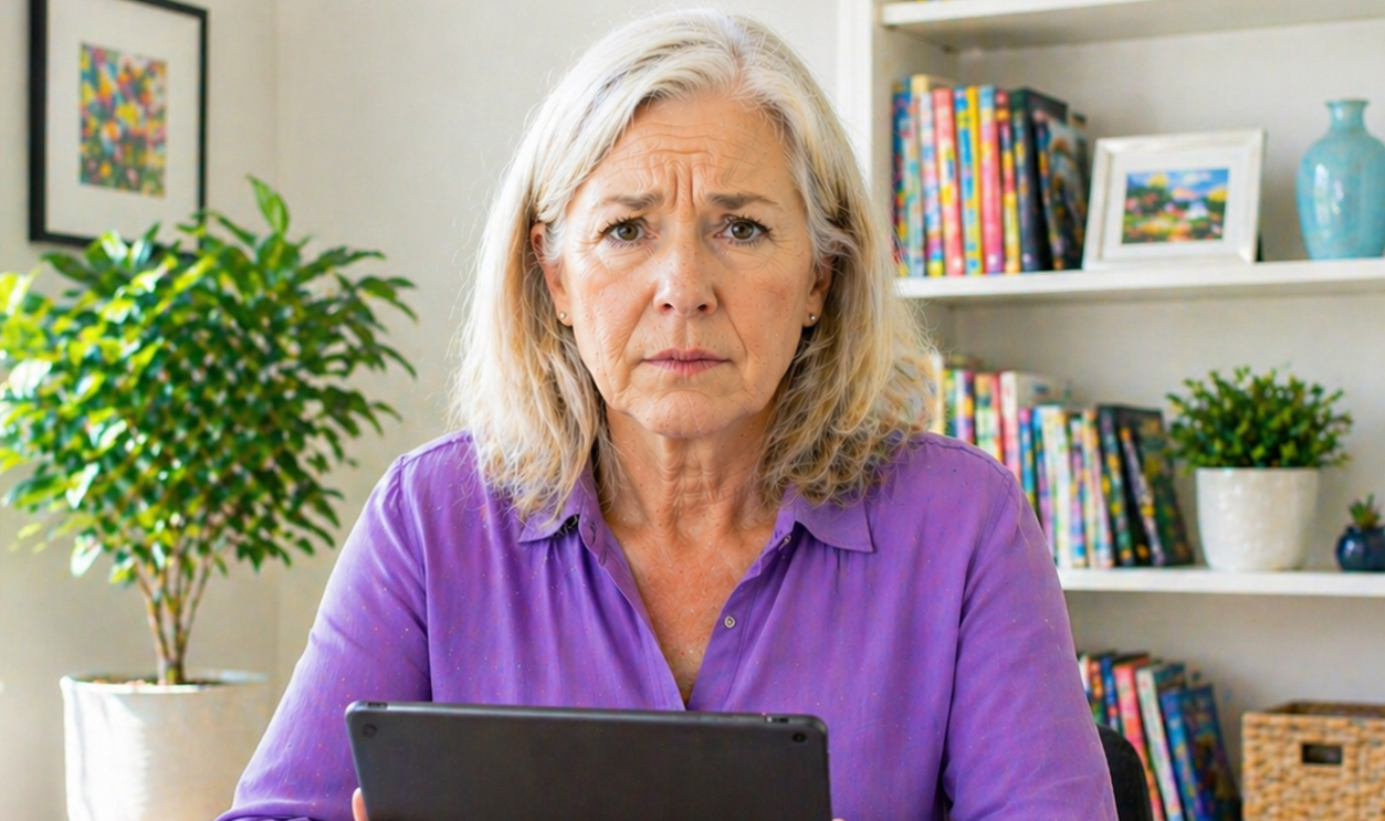 AI-generated image of a senior woman concerned about a password reset hack.