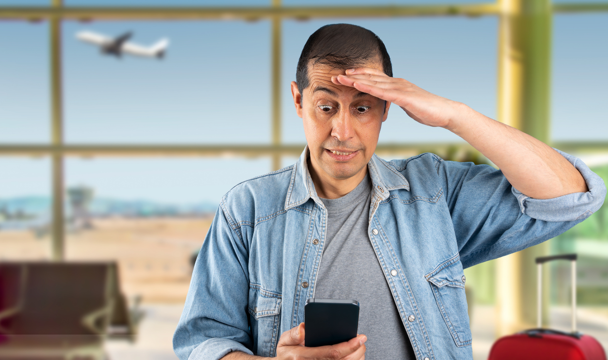 Man texting using smartphone at airport stressed
