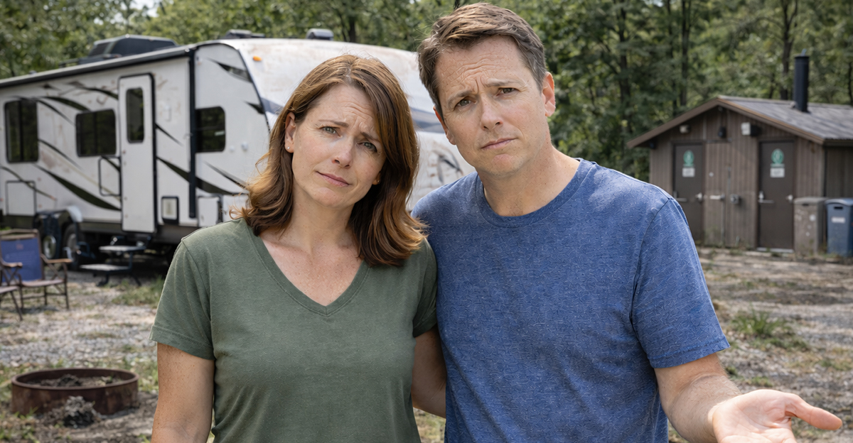 AI-generated image of a couple upset about their RV reservation gone wrong.