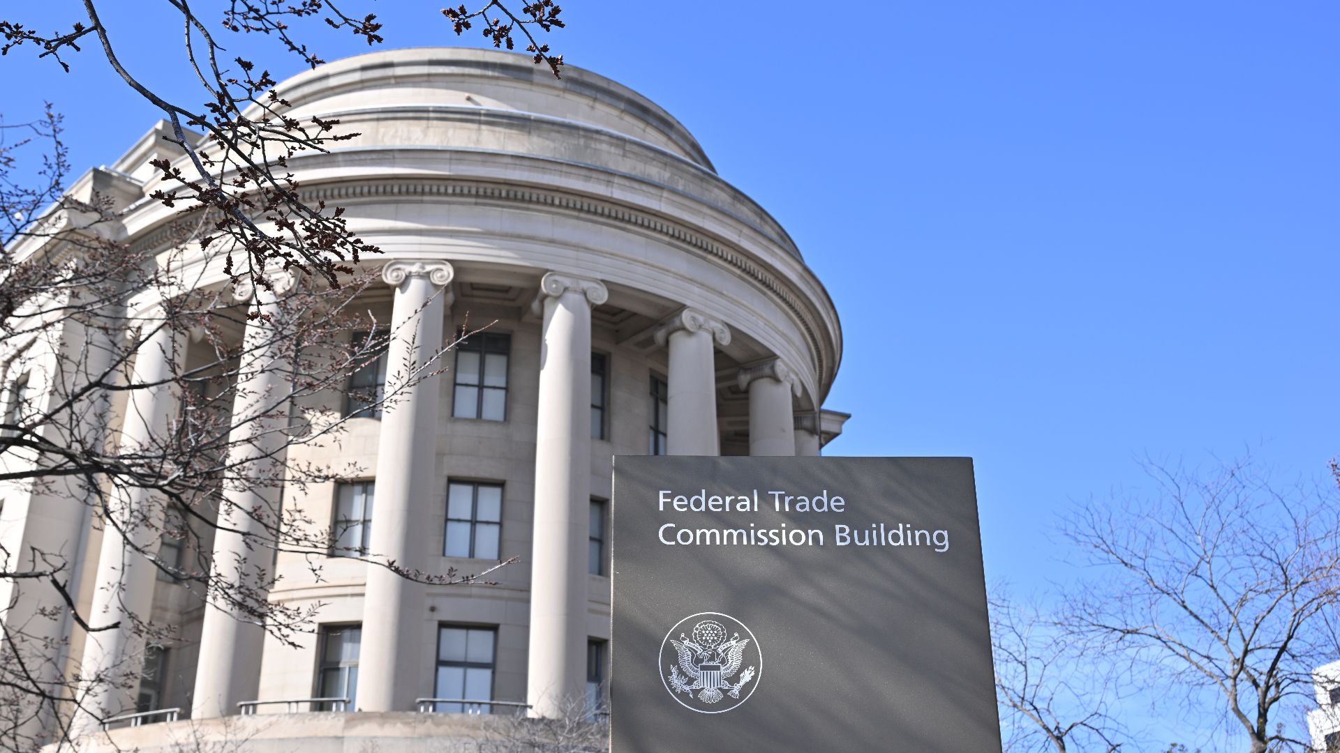 The Federal Trade Commission building is located on a triangle of land bounded by Pennsylvania Ave, Constitution Ave, and 7th St NW.  The building fits into this parcel by having a roughly triangular shape with the narrow end with a  curved corner.  This is that edge of the building with part of a sign visible.  600 Pennsylvania Avenue NW, Washington, DC 20580. 





This is an image of a place or building that is listed on the National Register of Historic Places in the United States of America. Its reference number is 66000865 (Wikidata).