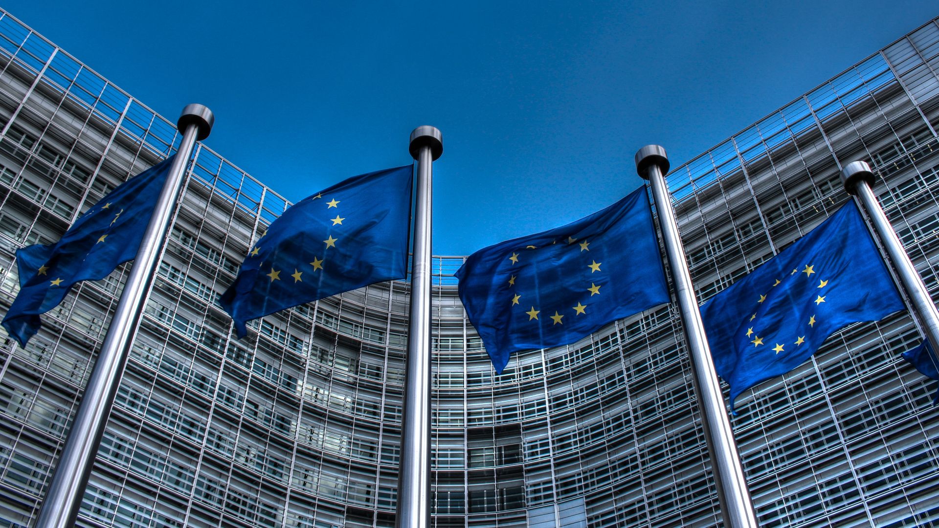 European Union flags in front of the Berlaymont Building, Brussels