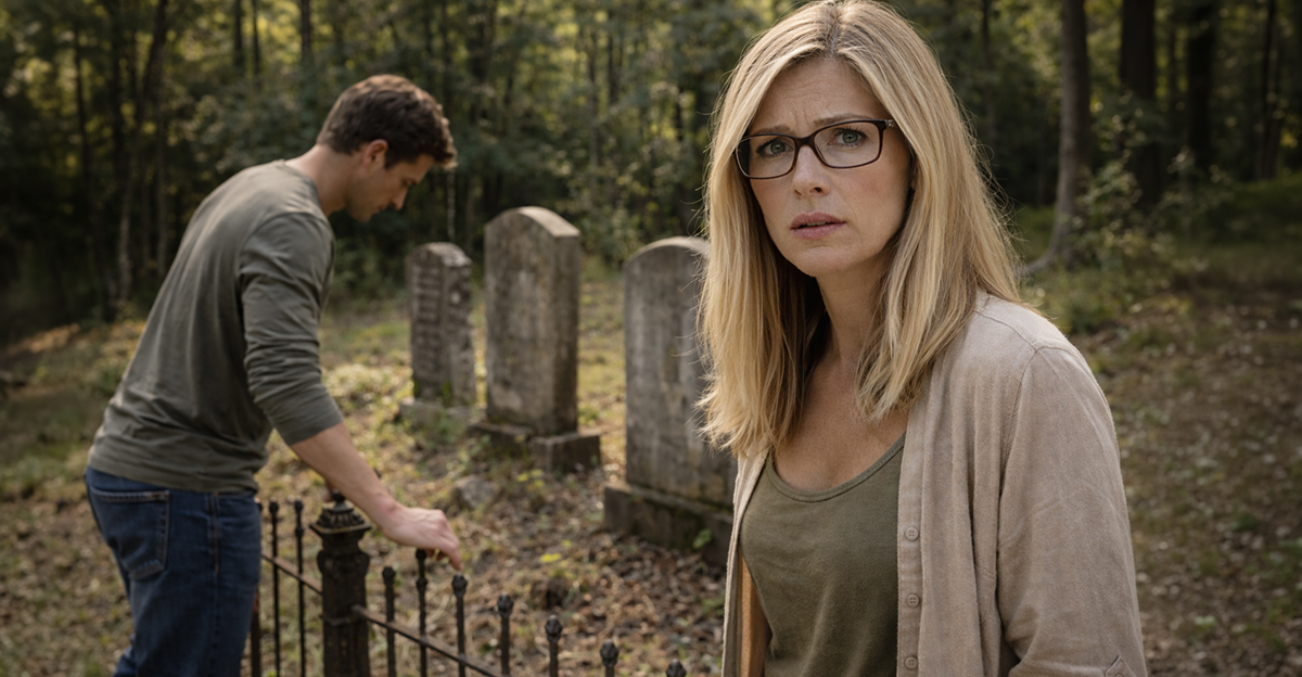 Concerned woman at a rural burial site.