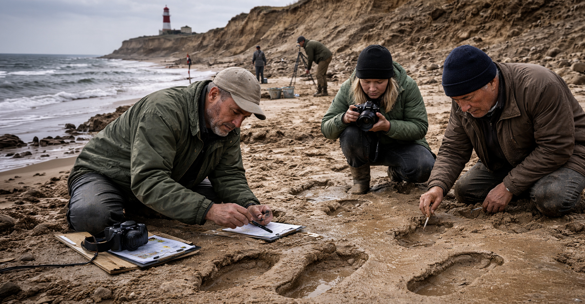 Researchers in England examining ancient human footprints on a beach.