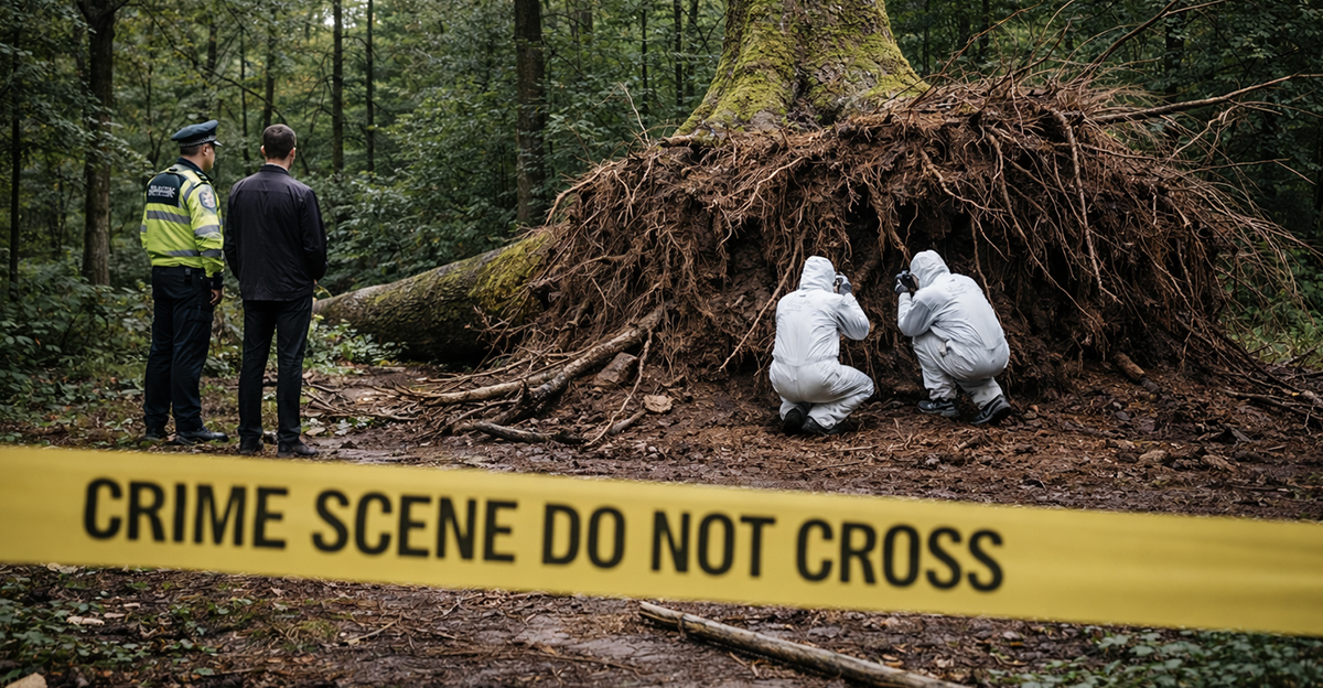 Authorities investigating a forest crime scene.
