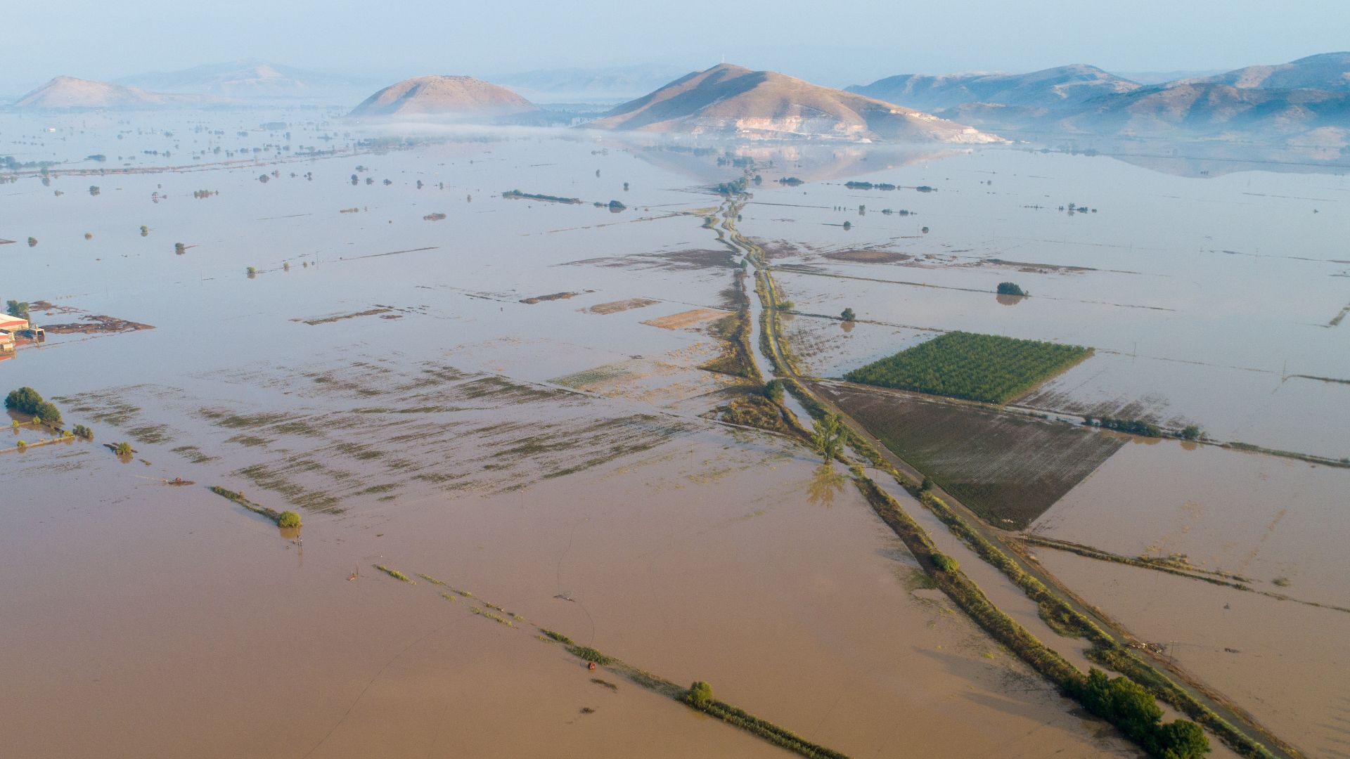 Flooded plains by the Storm Daniel near the town of Palamas, Thessaly, Greece. Picture taken by a drone.