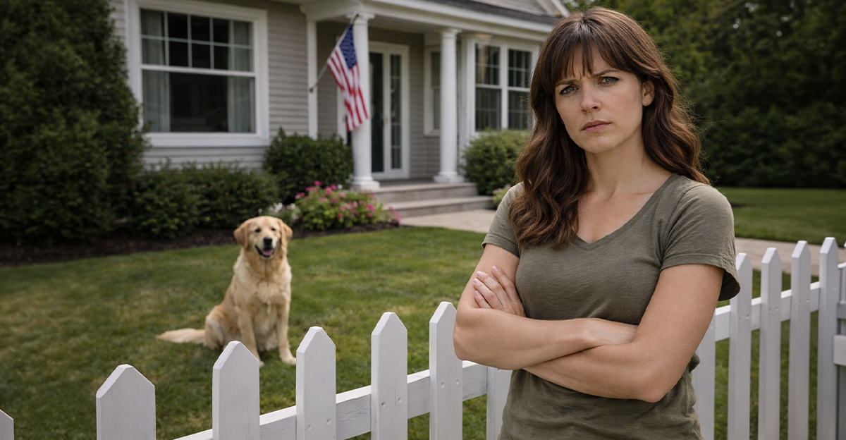 Brunette woman with arms crossed standing in front of a white house with a dog.