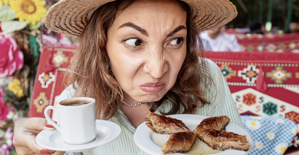 A woman sniffs dessert in a cafe with disgust on her face