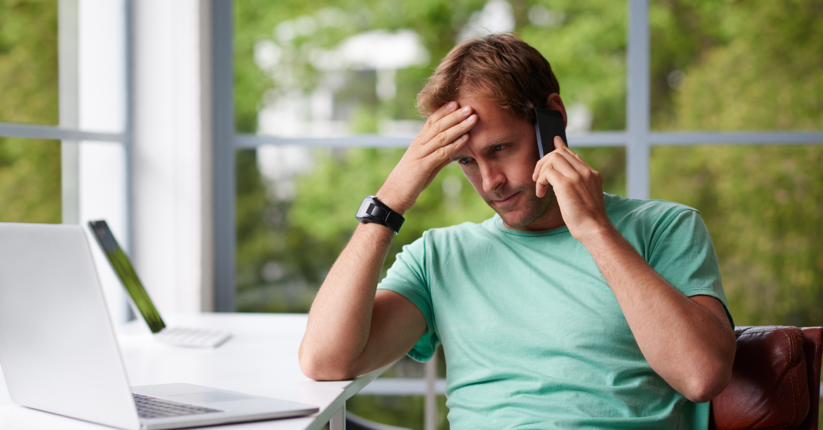 Thinking, phone call or man in home with stress