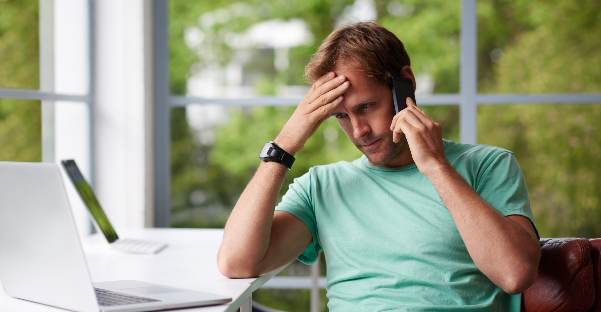 Thinking, phone call or man in home with stress