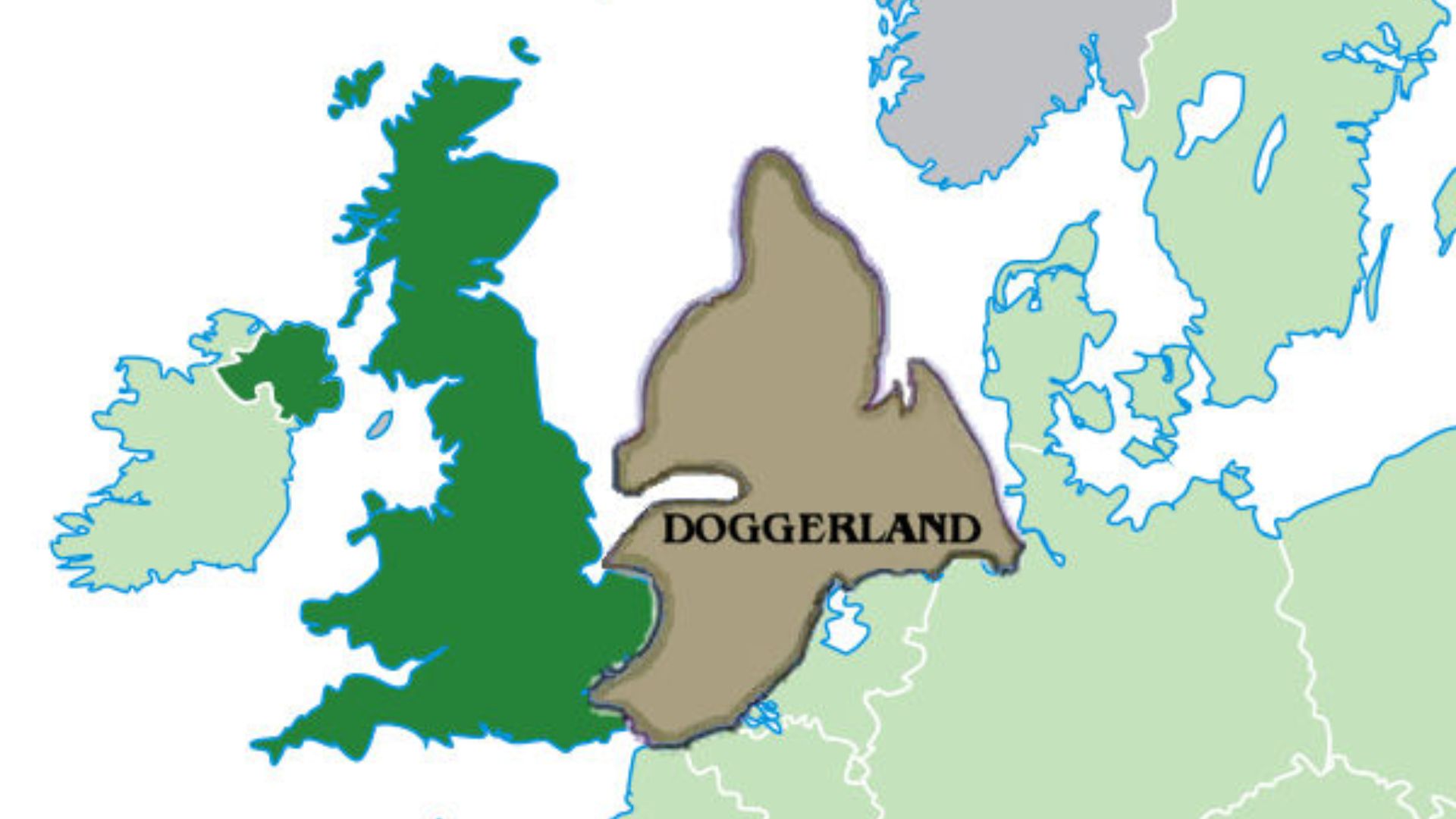 A map of Doggerland as it is believed to have looked ca. 10,000 BP, superimposed on Quizimodo's public domain map of the UK, EU and Europe.