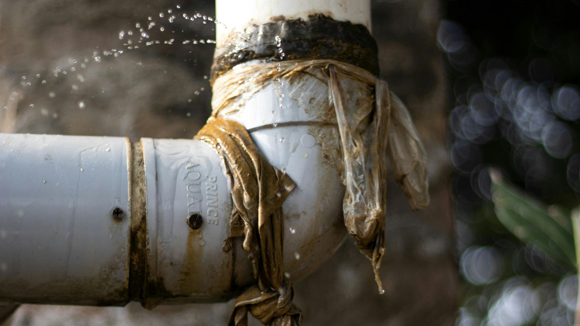 Close-up of a leaking plastic pipe outdoors with water dripping, showing wear and tear.
