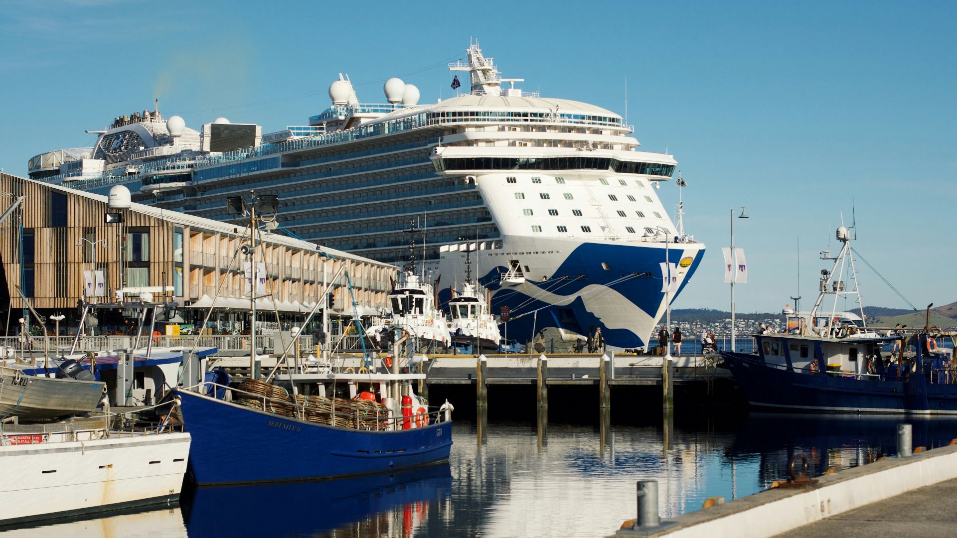 A large cruise ship docked at a dock