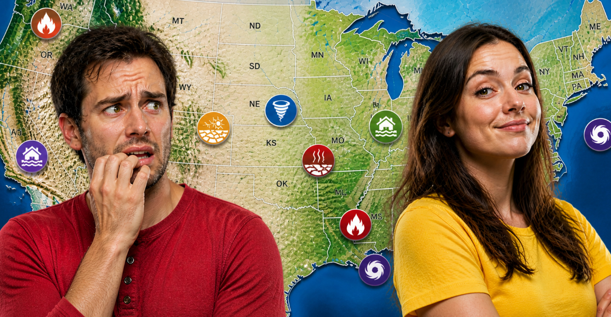 US map nervous man confident woman