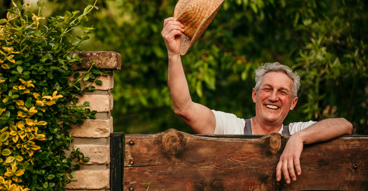 A senior man leaned on the fence in his backyard. Countryside people concept