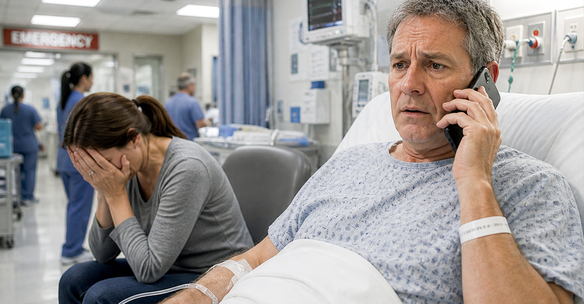 A man and his wife in an emergency room. He's in a hospital bed, on the phone.