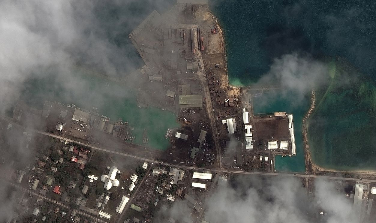  Maxar satellite imagery shows the main port facilities on January 18, 2022, after the Hunga Tonga-Hunga Ha'apai volcano eruption and following tsunami on January 14th , 2022 in Tongatapu, Tonga.
