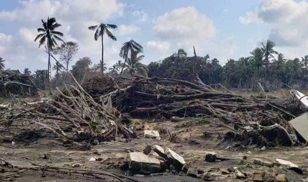 Photo taken on Jan. 20, 2022 shows a beach resort hit by tsunami on the outskirts of Nuku'alofa, capital of Tonga. On Jan. 14-15, the Hunga Tonga-Hunga Ha'apai volcano in Tonga erupted violently, triggering tsunami in Tonga. 