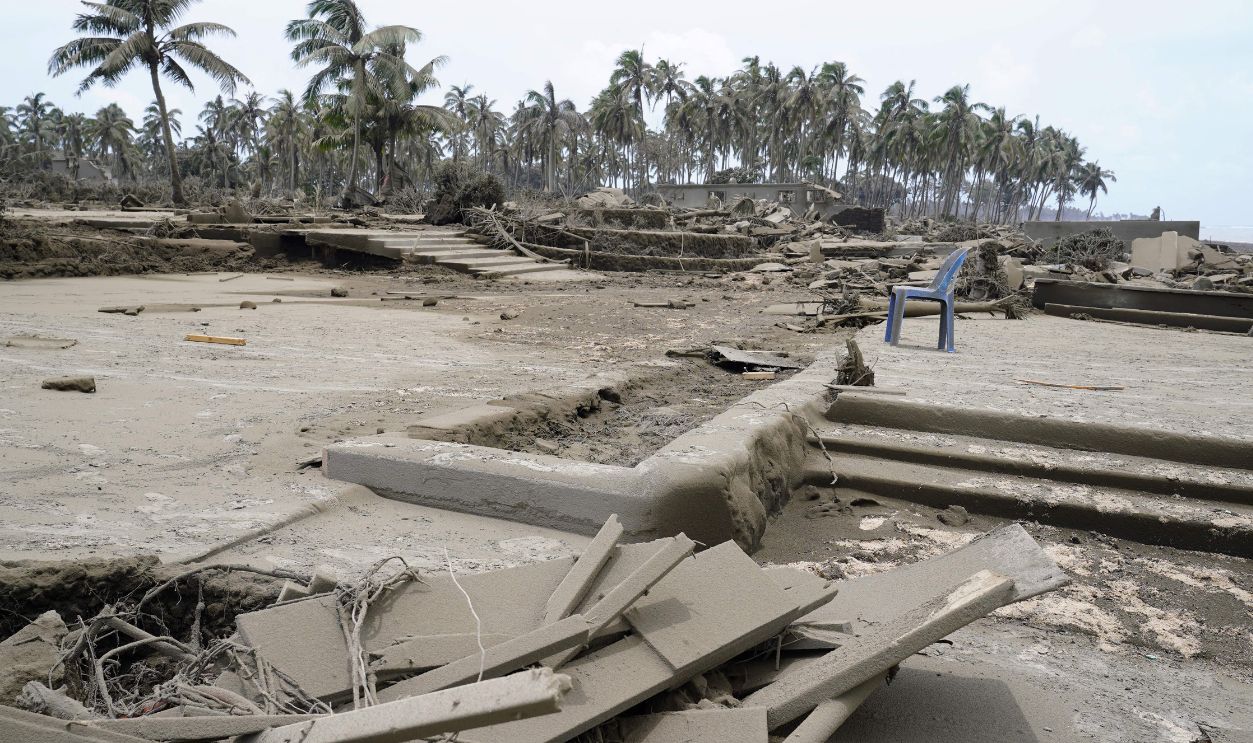 This photo taken on January 16, 2022 shows destroyed beach resorts in the Hihifo district of Tonga's main island Tongatapu following the January 15 eruption of the nearby Hu