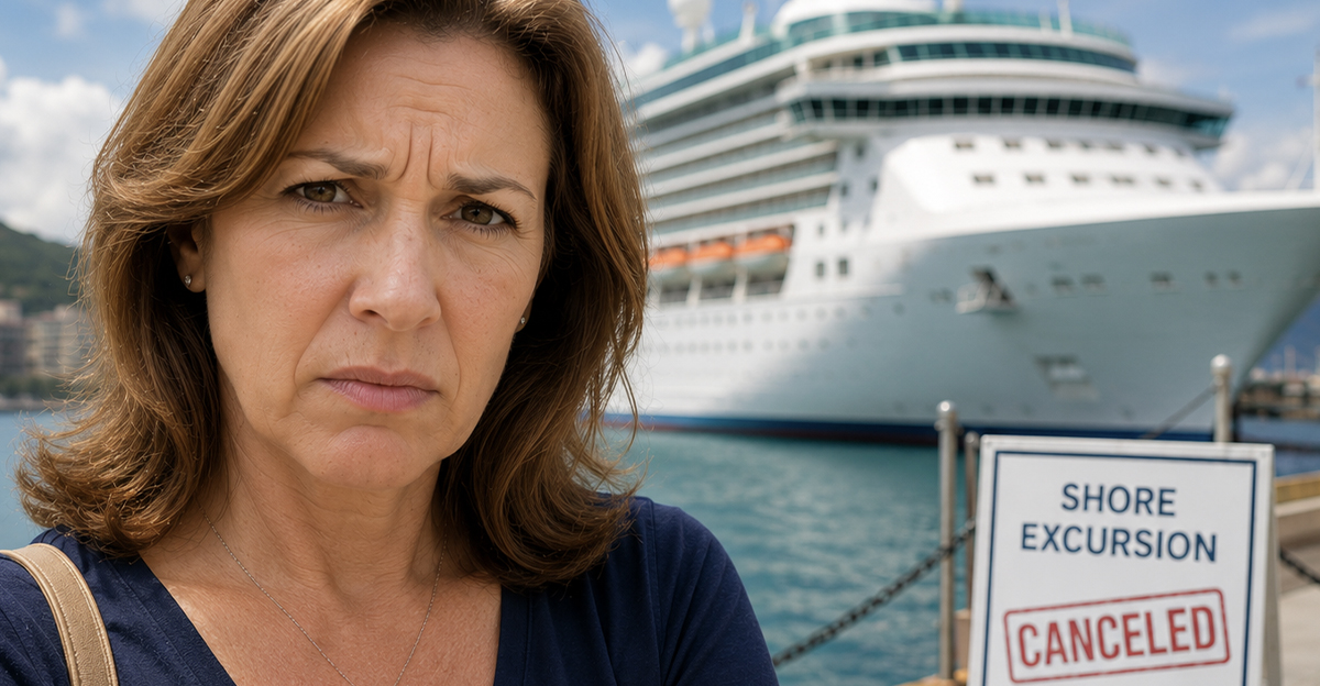 Concerned woman standing in front of a cruise ship.