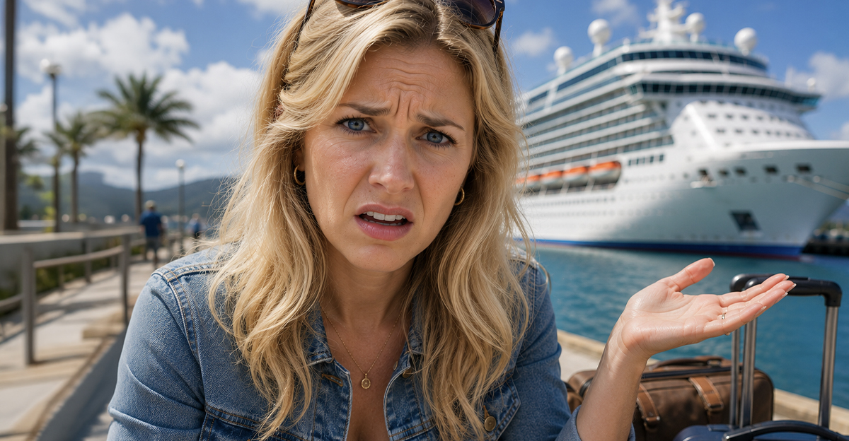 Confused blond woman standing in front of a cruise ship.