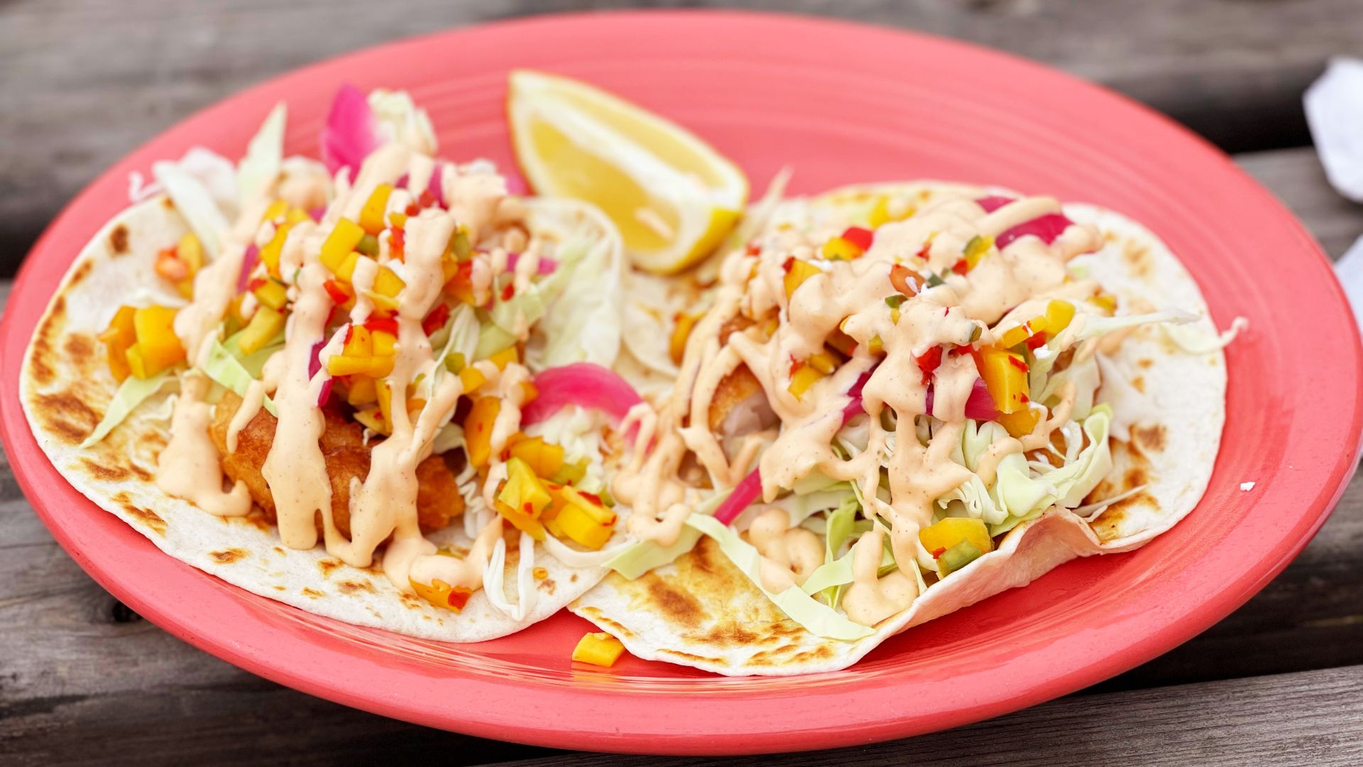 Breaded shrimp tacos at Casa del Sol in Fort Bragg, California.
(Breaded shrimp flour tortilla tacos, cabbage, chipotle aioli and mango salsa)
