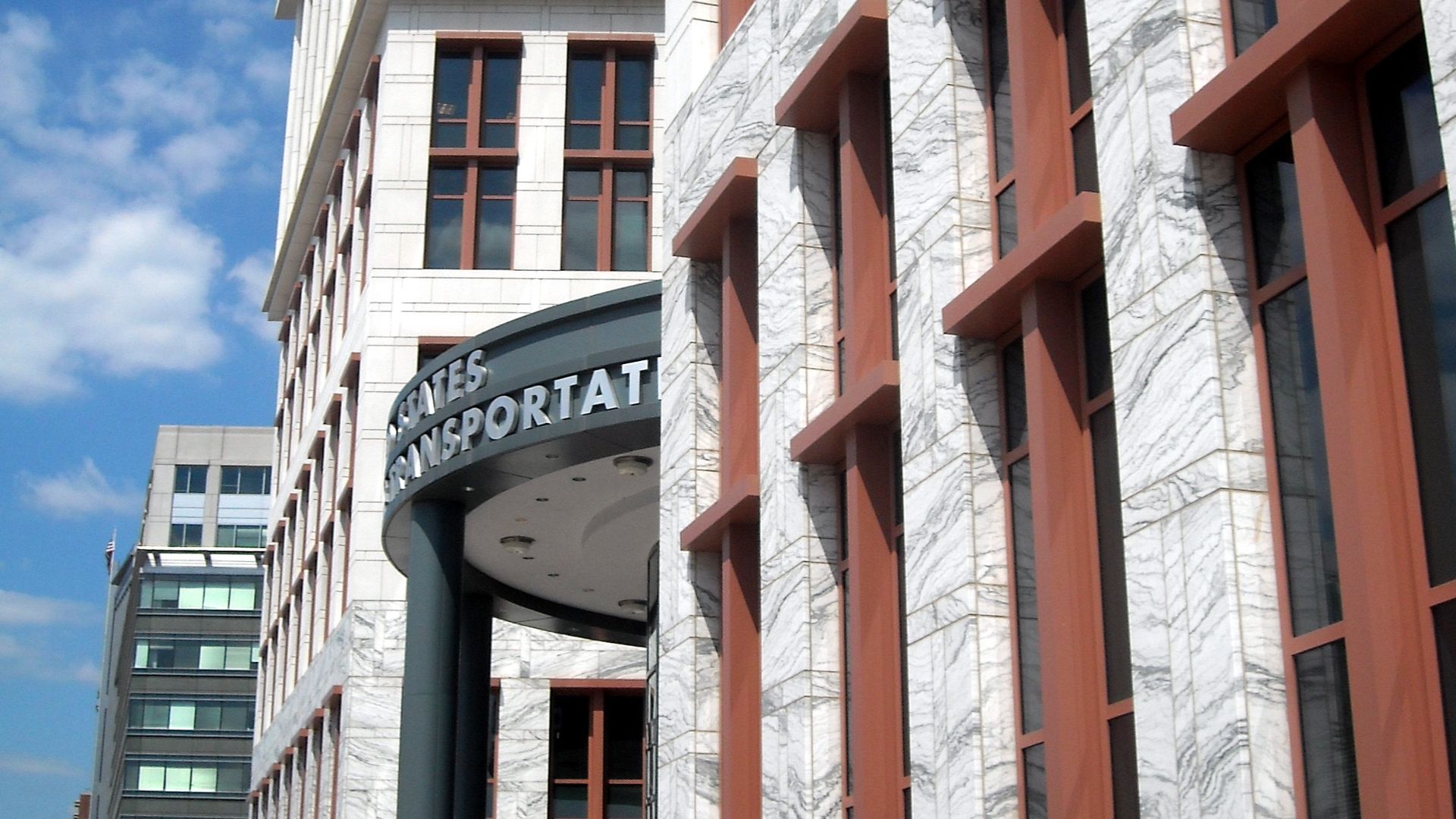 The entrance to the United States Department of Transportation headquarters, located at 1200 New Jersey Avenue, S.E., in the Navy Yard neighborhood of Washington, D.C.