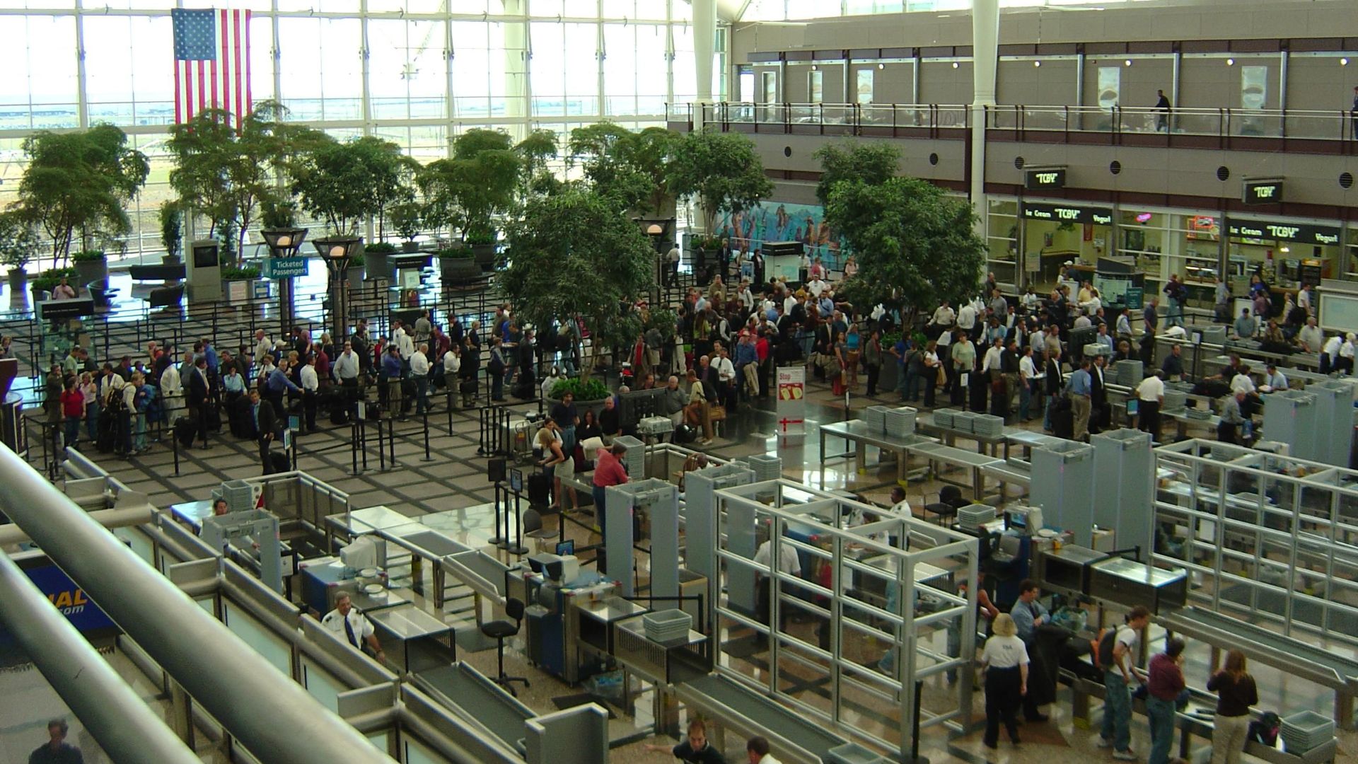 Airport security lines at Denver International Airport, United States.
