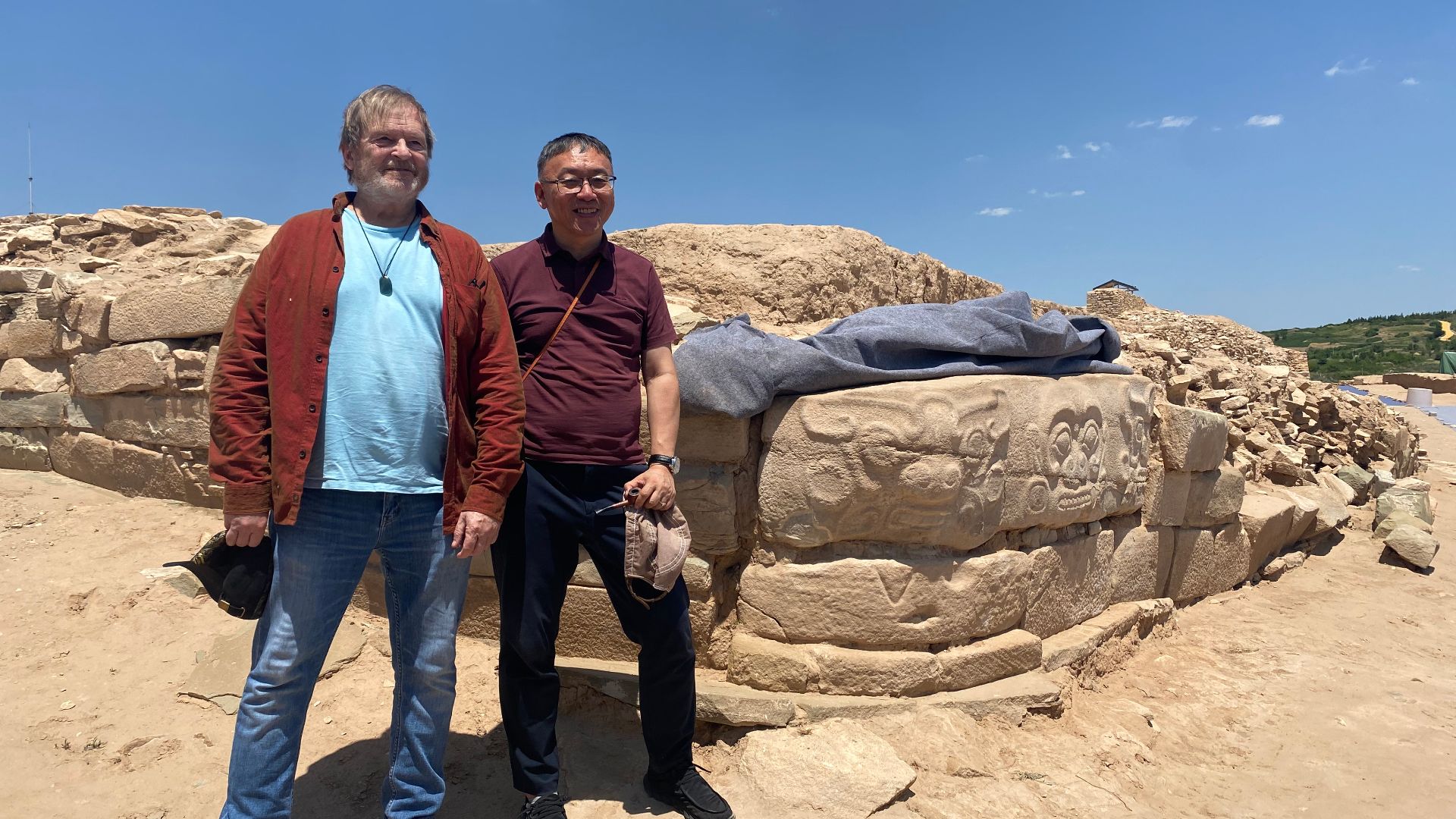 American Archeologist Karl Taube and Chinese Archeologist Li Xinwei at the Shimao Neolithic Site in Shaanxi, China.