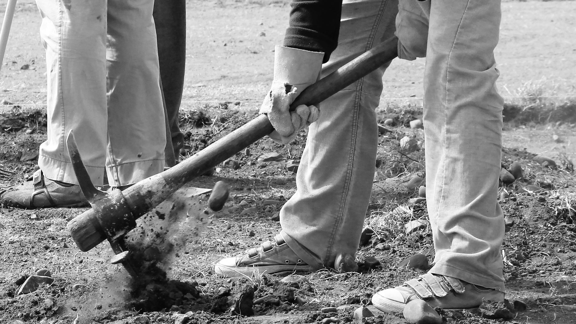 a group of people standing next to each other holding shovels