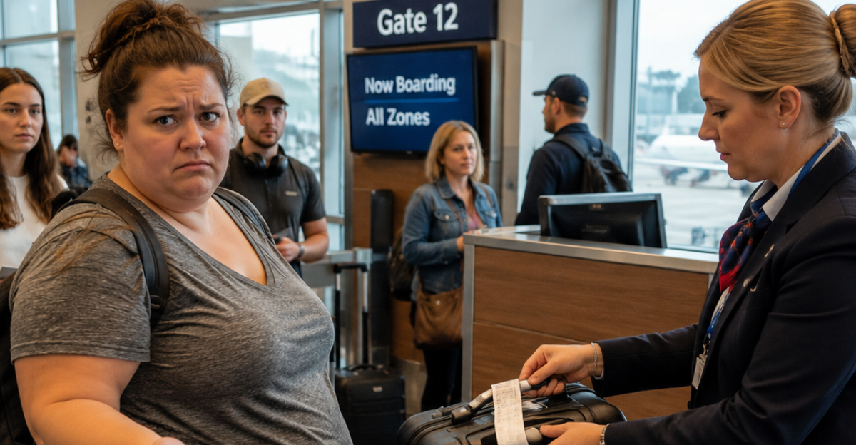 Overweight woman forced to check carry-on bag