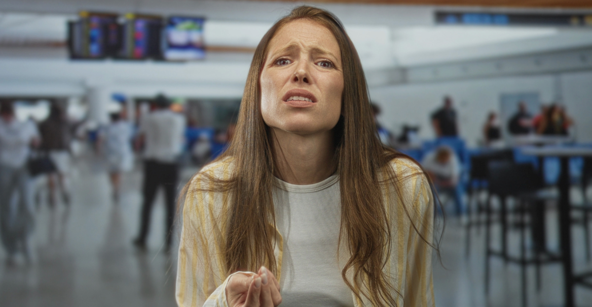 Woman with palm up hand and worried face at airport terminal gesturing complaint; travel delay frustration.