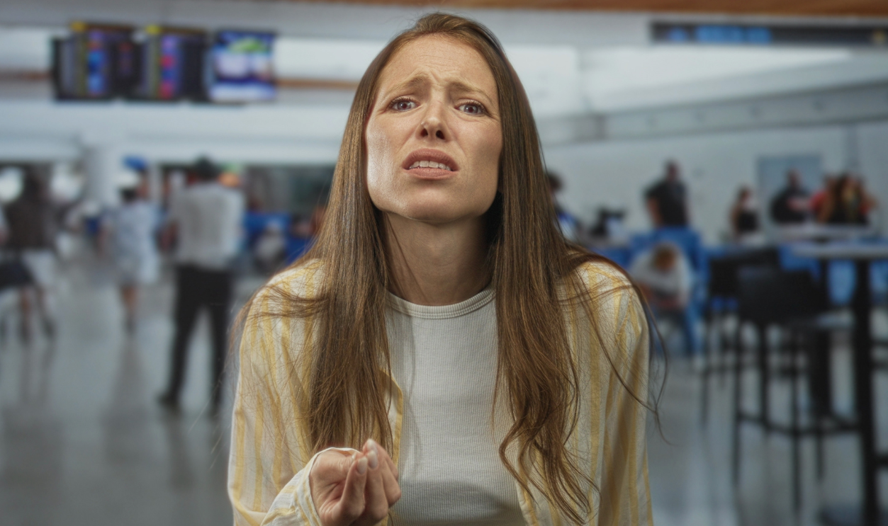 Woman with palm up hand and worried face at airport terminal gesturing complaint; travel delay frustration.