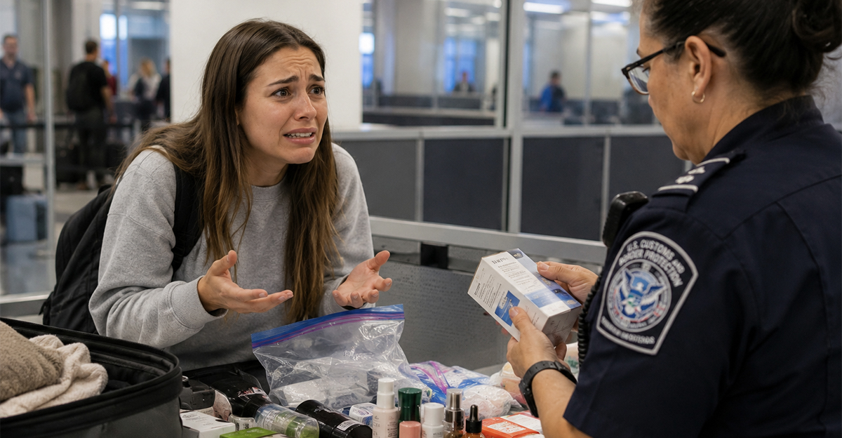 Young girl having items confiscated at customs.