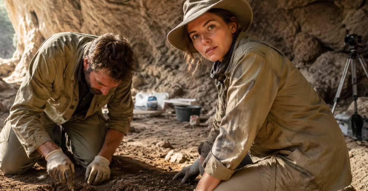 Archeologists examining cave dirt