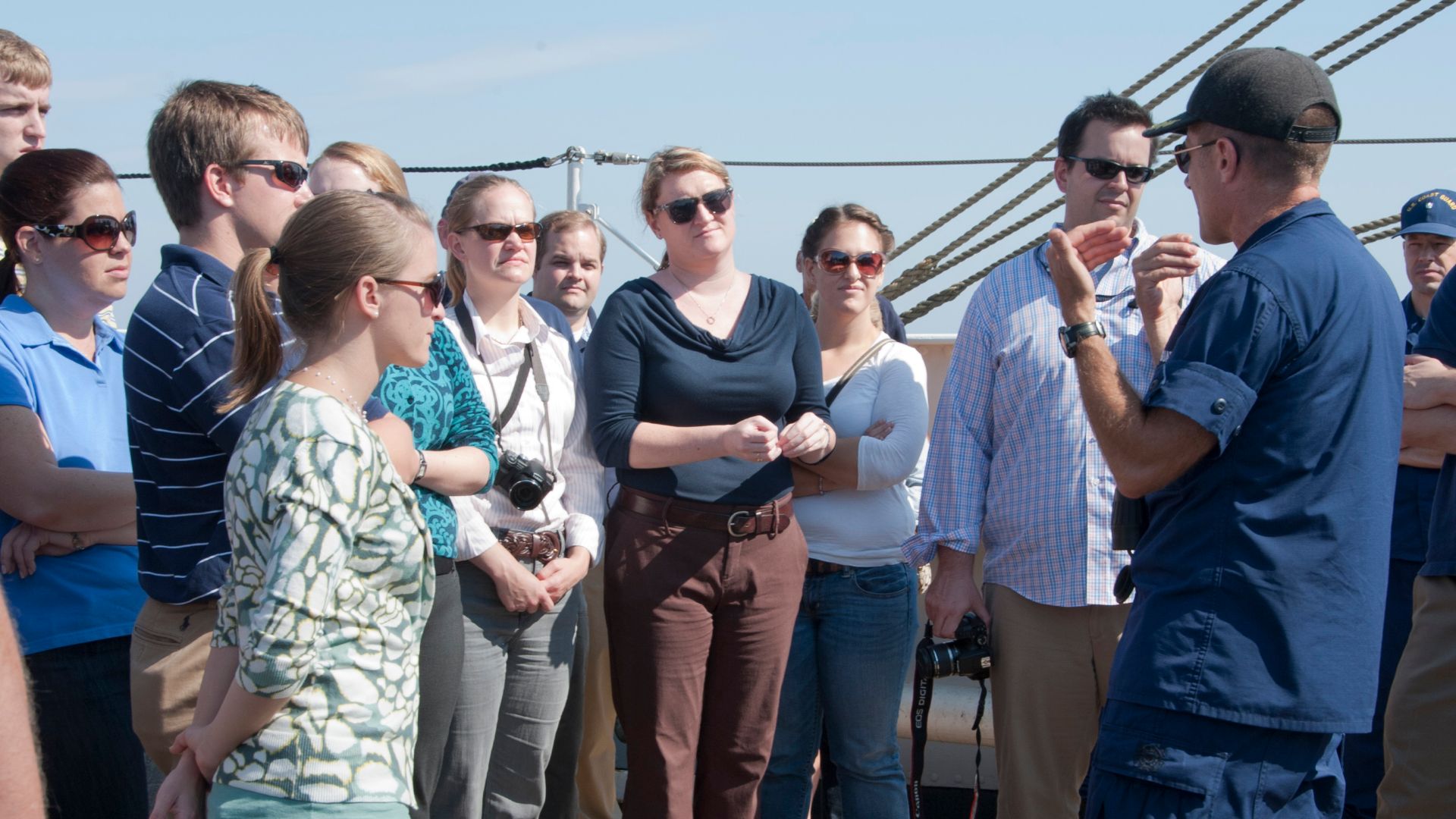 U.S. Coast Guard Capt. Eric Jones, commanding officer aboard U.S. Coast Guard Cutter Eagle, gives a welcome speech to congressional staffers during their visit on Eagle Thursday, Sept. 29, 2011. Eagle sailed with U.S. Coast Guard Academy Officer Candidate