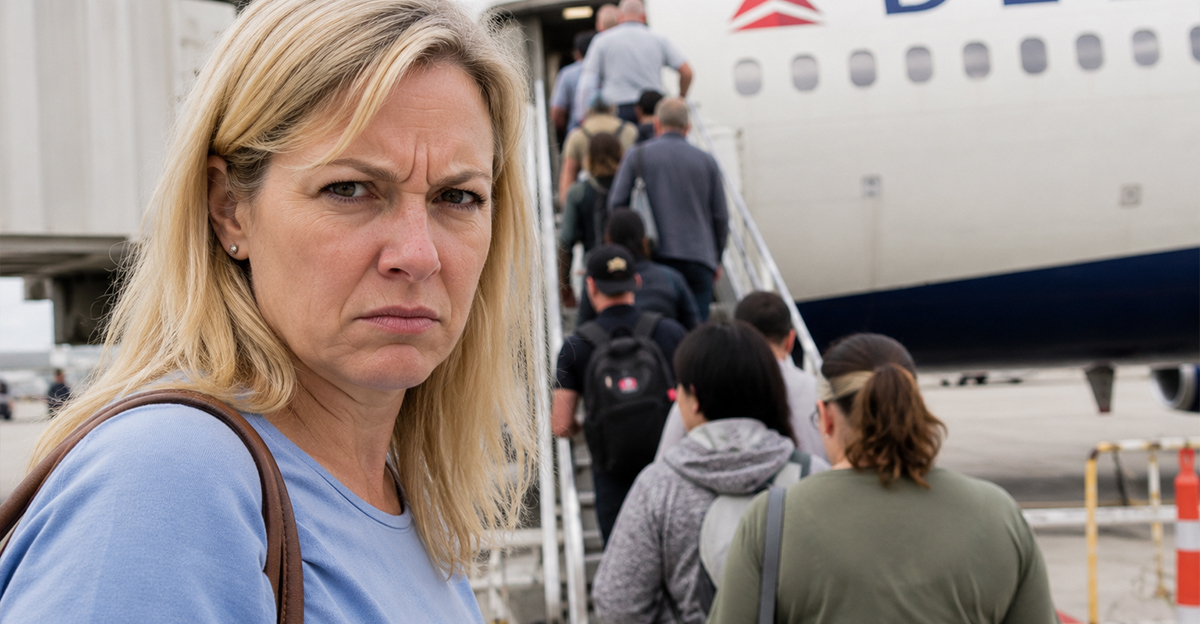 Middle-aged woman looking angry because she paid for priority boarding but others are boarding before her.