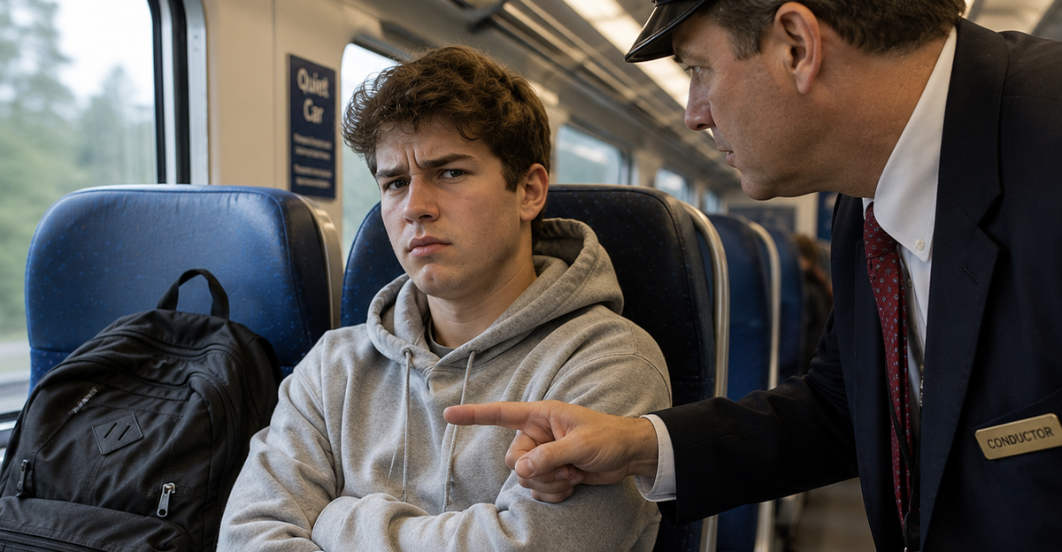 Young man on a train being told to move his backpack.