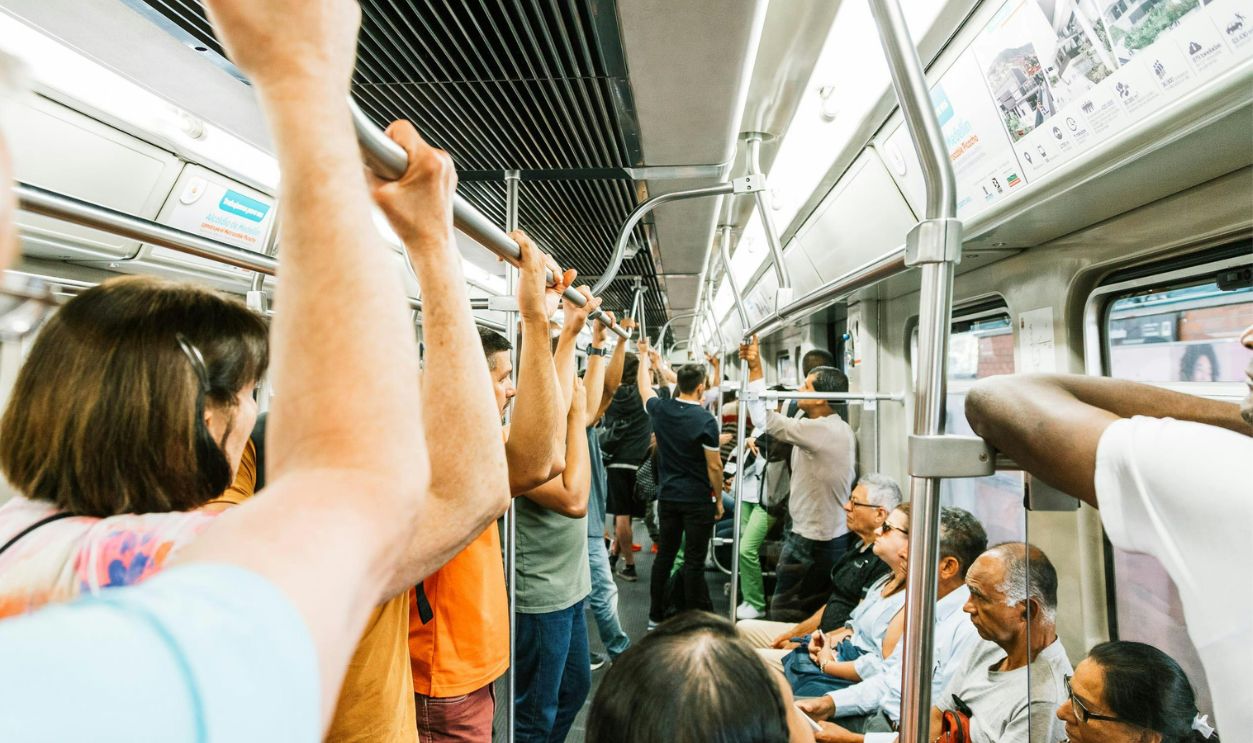 Commuters packed in a metro train