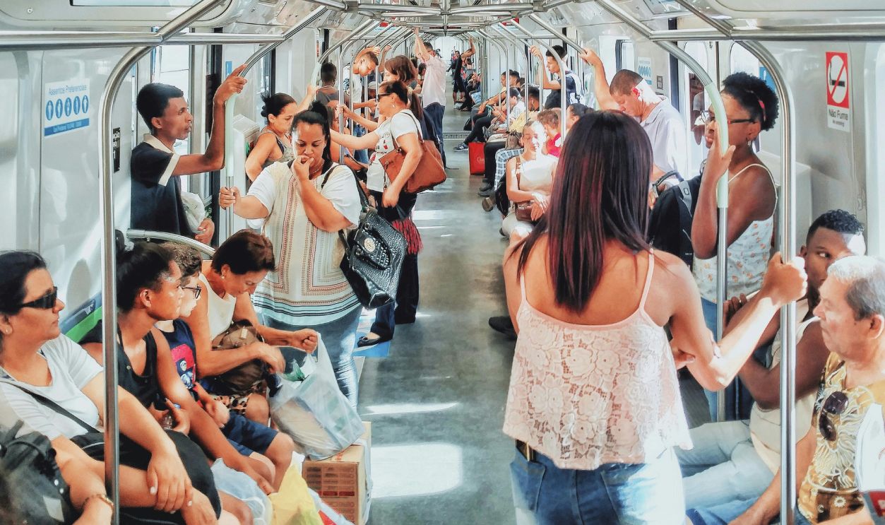 Crowded subway train with diverse commuters