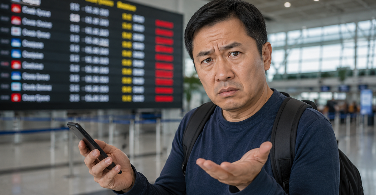 Asian man holding phone in airport