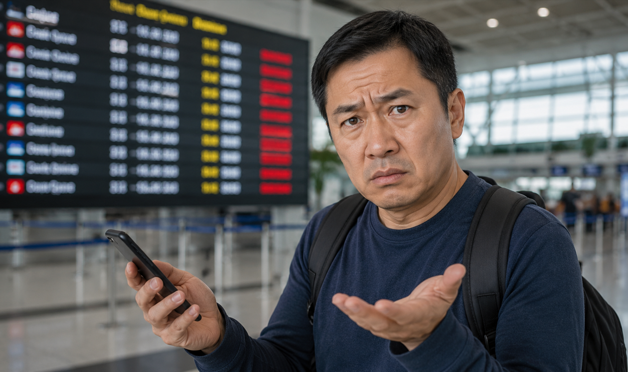 Asian man holding phone in airport