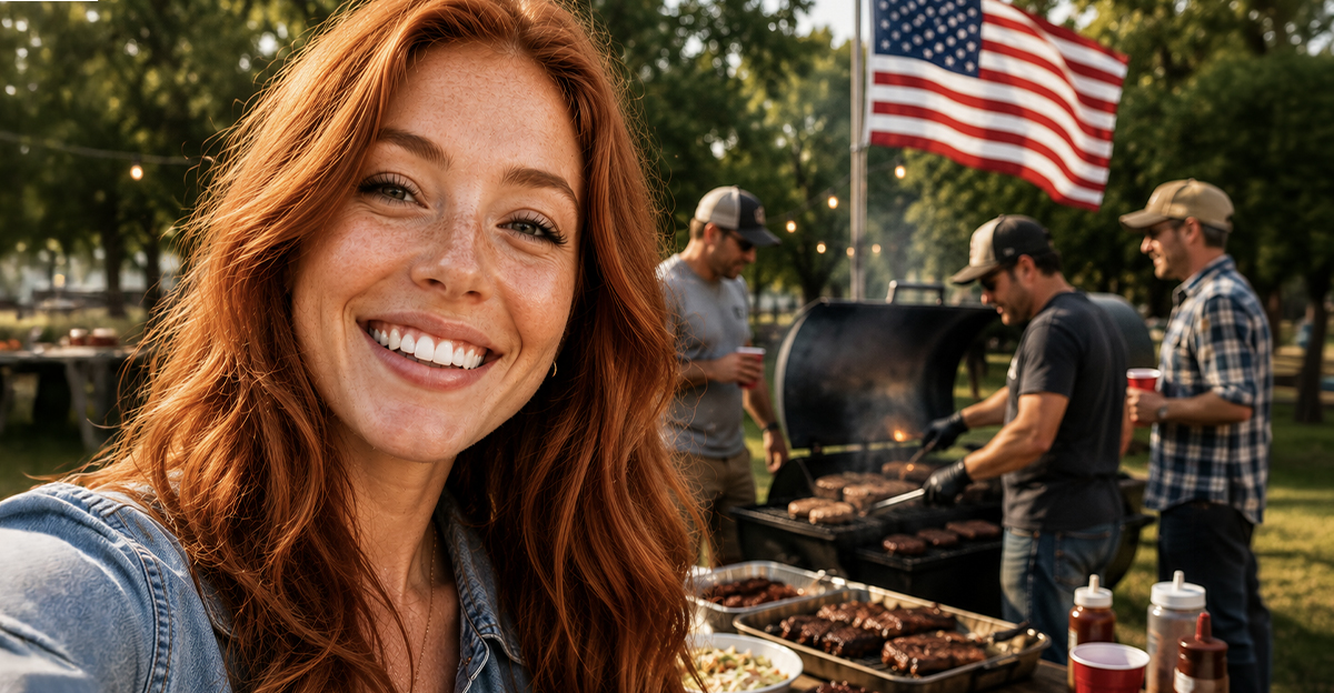 Woman with red hair at an American bbq.