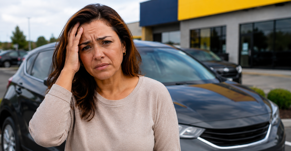 woman standing in front of rental car