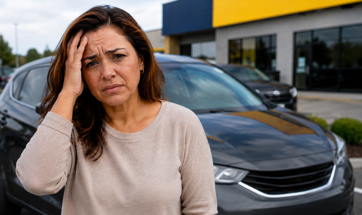 woman standing in front of rental car